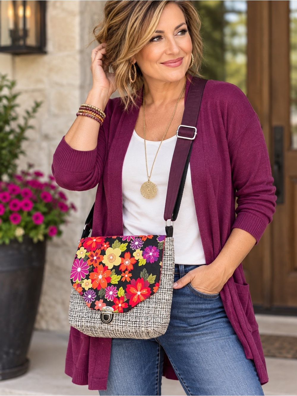NEW Handmade Bag Floral Crossbody Bag Black Cream Red Adjustable Strap